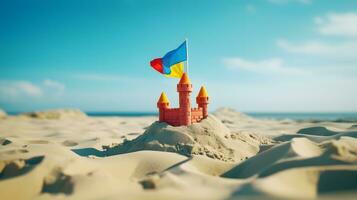 areia castelo com bandeira em a de praia. conceito do viagem e período de férias foto