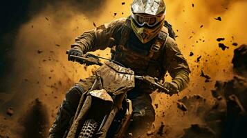 uma motociclista em uma motocicleta rapidamente passeios através a sujeira e poeira em a rastrear durante uma motocross concorrência foto
