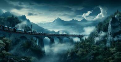 trem em a caminho em uma ponte às noite foto