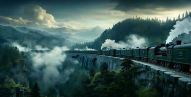 vapor trem velocidades através montanha panorama beleza gerado de ai foto