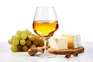 sauvignon blanc e bode queijo. vinho vidro com branco vinho e queijo em uma branco fundo. frente visualizar, fechar-se. ai gerado foto