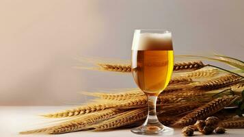 uma vidro do cerveja, trigo espiguetas e lúpulo em a mesa. branco Cerveja em a fundo do trigo espigas. ai gerado foto