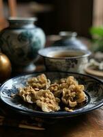 shui lan frito Wonton para chinês kung pao, dentro a estilo do flor e natureza motivos ai gerado foto