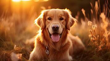 dourado retriever cachorro lado de fora às dourado hora, generativo ai foto