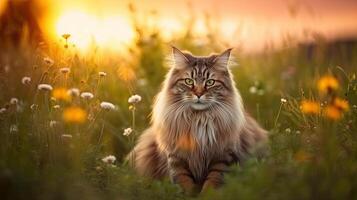 lindo maine coon gato dentro uma Prado às dourado hora, generativo ai foto