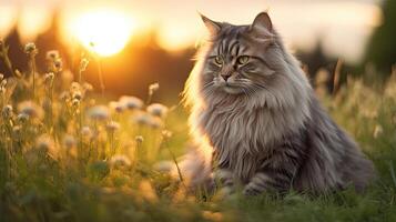 lindo maine coon gato sentado dentro uma Prado às dourado hora, ai gerado foto