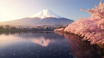 montar Fuji com cereja Flor às lago kawaguchiko dentro Japão. montanha fuji. generativo ai foto