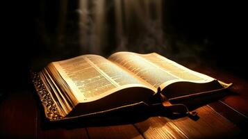 Bíblia, brilhando piedosos Bíblia em a de madeira mesa. generativo ai foto