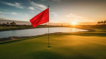 vermelho bandeira às a lindo golfe curso às a oceano lado às pôr do sol. generativo ai foto