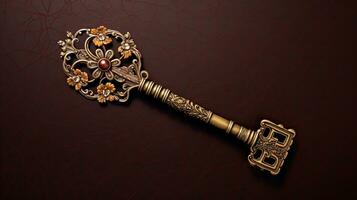 uma dourado ornamentado antigo Magia chave em Castanho fundo. generativo ai foto