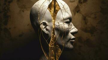 Kintsuki, japonês cerâmico cabeça colado com ouro. conceito do não constância, imperfeição do mundo. ai gerado. foto