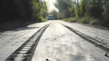 rastrear borracha pneu rastrear em a estrada com marcações fechar-se. transporte rodovia para movimento. ai gerado. foto