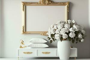 branco mobília com uma dourado horizontal quadro, Armação e uma grupo do rosa flores Como luxo interior Projeto inspiração para brincar criações foto