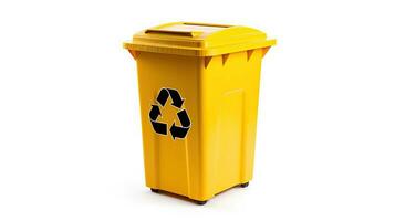 uma amarelo reciclar bin com reciclar símbolo isolado em branco fundo. generativo ai foto