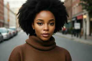 lindo mulher dentro uma suéter em a rua. pró foto