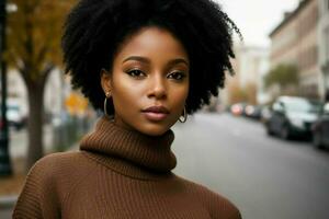 lindo mulher dentro uma suéter em a rua. pró foto