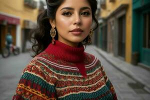 lindo mulher dentro uma suéter em a rua. pró foto