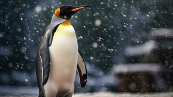 uma rei pinguim olhares fixos em direção ao céu Como neve cai suavemente. dentro a fundo, de outros membros do a pinguim colônia Além disso apreciar a raro sul geórgia verão neve. generativo ai foto