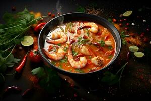 tom yum sopa. azedo-picante sopa com camarão. ásia Comida. foto