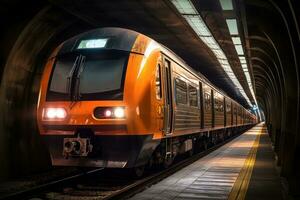 moderno elétrico trem dentro metrô túnel. trem tecnologia e transporte conceito. generativo ai foto