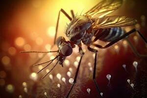 Aedes mosquito este carrega dengue febre, zika vírus é sucção sangue em uma pessoas pele. mosquitos estão transportadoras do dengue febre e malária. chikungunya, mayaro, amarelo febre. generativo ai foto