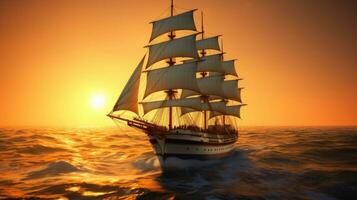 barca navio dentro a oceano às pôr do sol. generativo ai foto