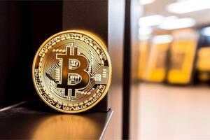 fechar-se do uma bitcoin dentro uma banco generativo ai foto