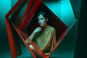 fêmea modelo posando dentro futurista minimalista sobrenatural arquitetura generativo ai foto