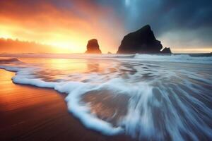 ondas espirrando em uma cênico paisagem de praia generativo ai foto