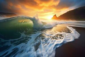 ondas espirrando em uma cênico paisagem de praia generativo ai foto