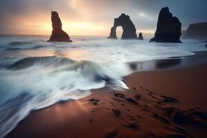 ondas espirrando em uma cênico paisagem de praia generativo ai foto