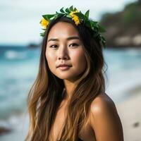 retrato do a ásia mulher em tropical de praia generativo ai foto