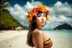 retrato do a ásia mulher em tropical de praia generativo ai foto