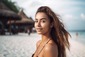 retrato do a atraente jovem mulher em tropical de praia generativo ai foto