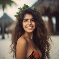 retrato do a atraente jovem mulher em tropical de praia generativo ai foto