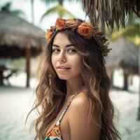 retrato do a atraente jovem mulher em tropical de praia generativo ai foto