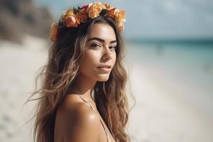 retrato do a atraente jovem mulher em tropical de praia generativo ai foto