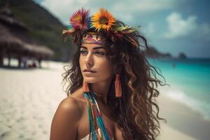 retrato do a atraente jovem mulher em tropical de praia generativo ai foto