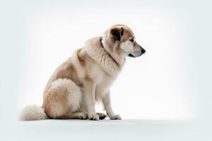 uma cachorro é sentado em uma branco fundo generativo ai foto