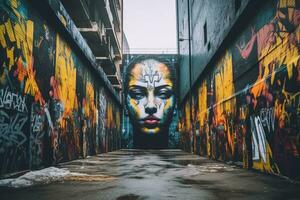 uma grafite coberto beco com uma mulher face pintado em isto generativo ai foto