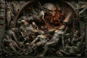 uma ampla escultura do demônios cercado de de outros demônios generativo ai foto
