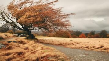 uma solitário árvore dentro a meio do a outono campo generativo ai foto