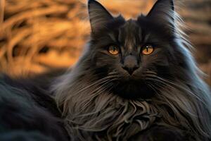 uma grandes cabelos Preto gato com laranja olhos generativo ai foto