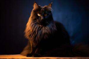 uma grandes cabelos Preto gato sentado em uma mesa generativo ai foto