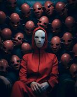 uma homem dentro uma vermelho terno cercado de máscaras generativo ai foto