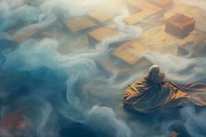uma homem dentro uma roupão é sentado em a terra dentro a nuvens generativo ai foto