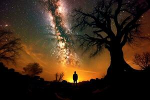 uma homem em pé dentro frente do uma árvore com a leitoso caminho dentro a fundo generativo ai foto