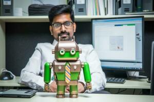 uma homem sentado dentro frente do uma computador com uma verde robô generativo ai foto