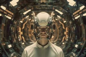 uma homem vestindo uma capacete dentro uma futurista túnel generativo ai foto
