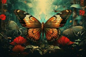 uma pintura do uma borboleta dentro a meio do uma floresta generativo ai foto